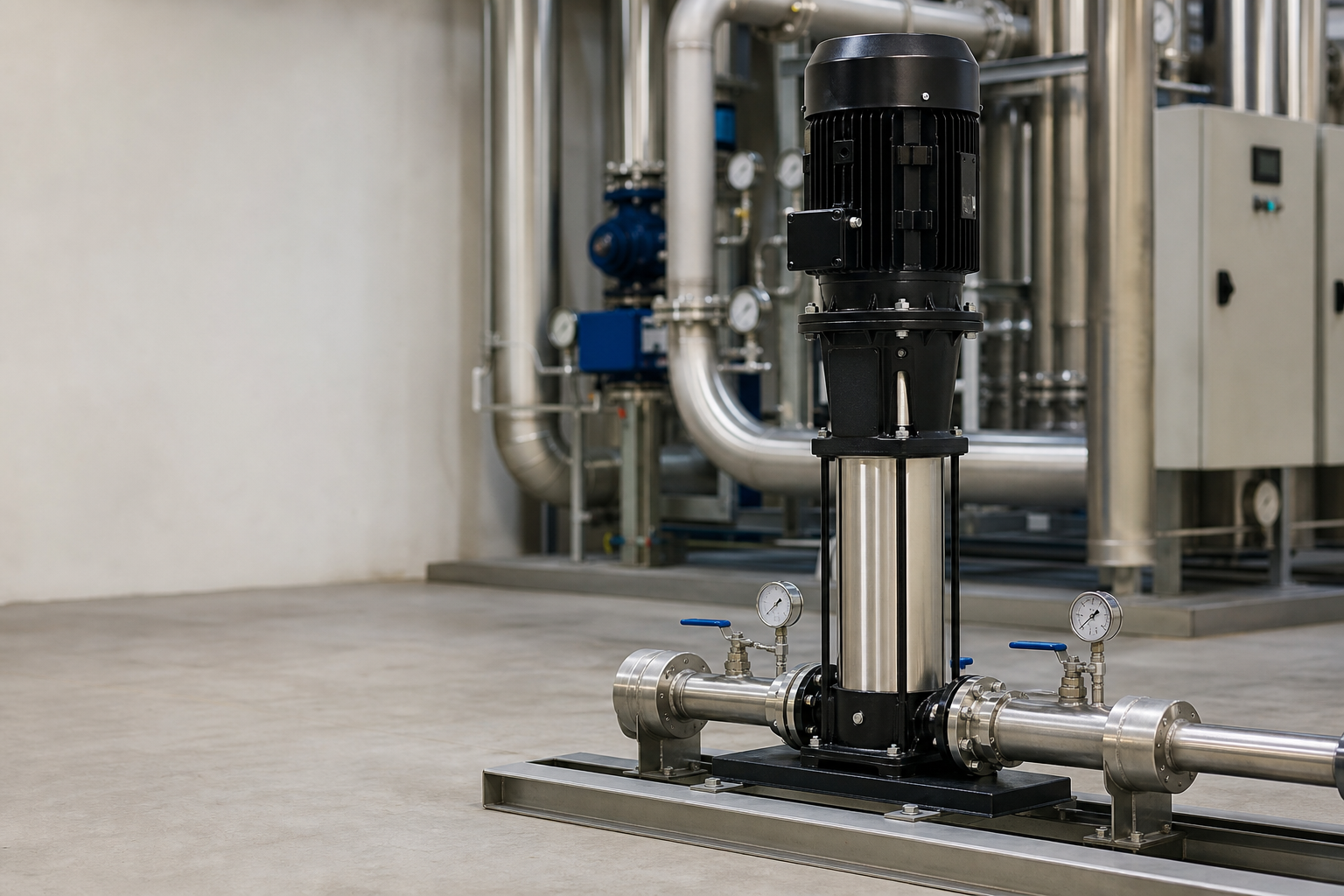 Vertical multistage pump with stainless pipework in a mechanical room